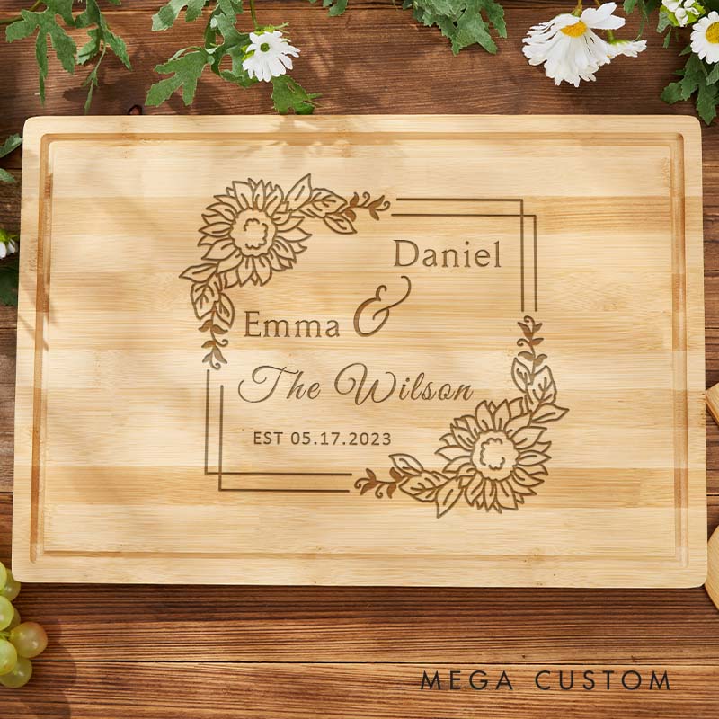 Personalized Couple Cutting Board Engraved Bamboo Floral Square Frame Design Cutting Board with Couple Name Wedding Anniversary Gift Board