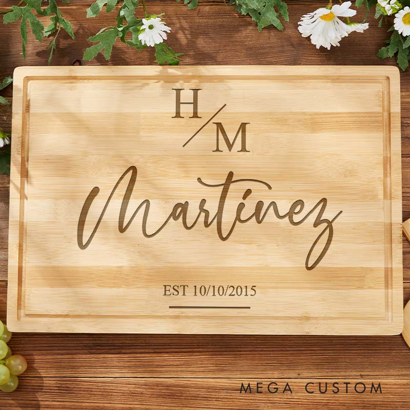 Personalized Couple Initials Bamboo Cutting Board Engraved Couple Anniversary Cutting Board Monogram Design Board for Husband Wife