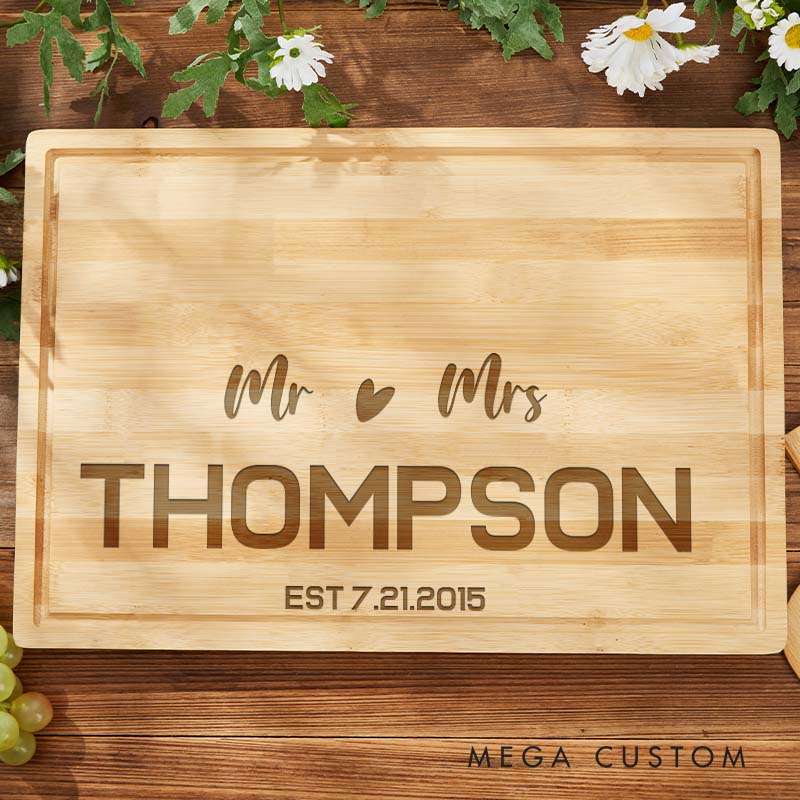 Personalized Bamboo Couple Cutting Board Mr. and Mrs. Heart Design Anniversary Cutting Board Couple Named Cutting Board for Anniversary
