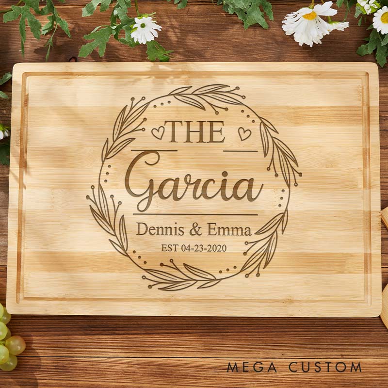 Personalized Anniversary Cutting Board Engraved Bamboo Cutting Board for Husband Wife Rustic Wreath Design Cutting Board for Him Her