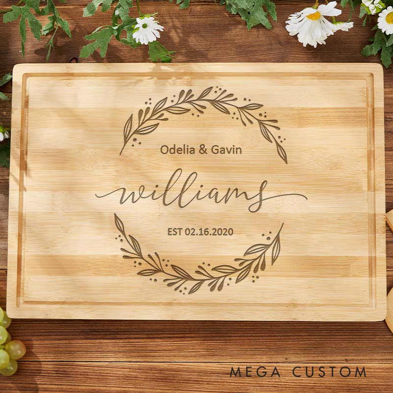 Personalized Couple Anniversary Cutting Board Engraved Bamboo Cutting Board for Husband Wife Anniversary Elegant Leaf Wreath Design Cutting Board