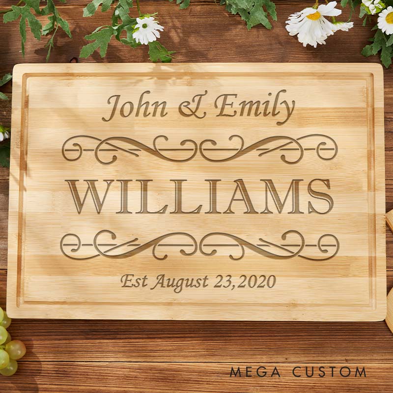 Personalized Couple Anniversary Cutting Board Wedding Anniversary Bamboo Cutting Board Elegant Scroll Design Cutting Board