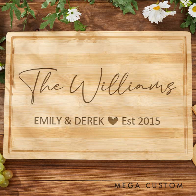 Personalized Couple Anniversary Cutting Board Engraved Husband Wife Bamboo Cutting Board Elegant Couple Name Cutting Board with Heart
