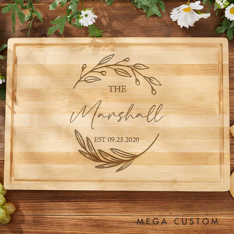 Personalized Anniversary Cutting Board Rustic Bamboo Cutting Board for Husband Wife Leaf Wreath Design Anniversary Cutting Board