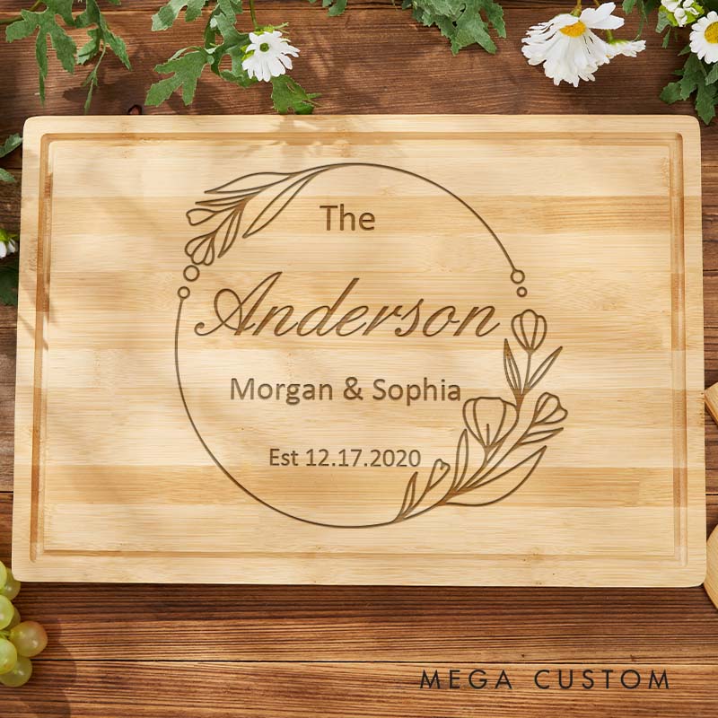 Personalized Couple Anniversary Cutting Board Husband Wife Wooden Anniversary Cutting Board Bamboo Floral Circle Design Cutting Board