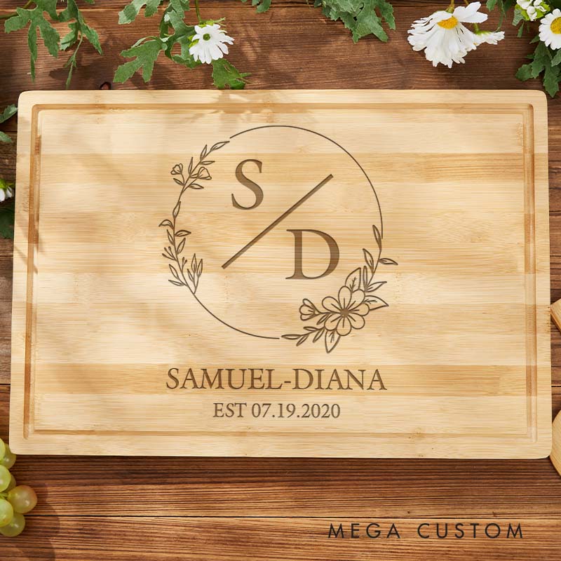 Personalized Couple 5th Anniversary Cutting Board Wooden Anniversary Bamboo Cutting Board Husband Wife Floral Monogram Design Cutting Board
