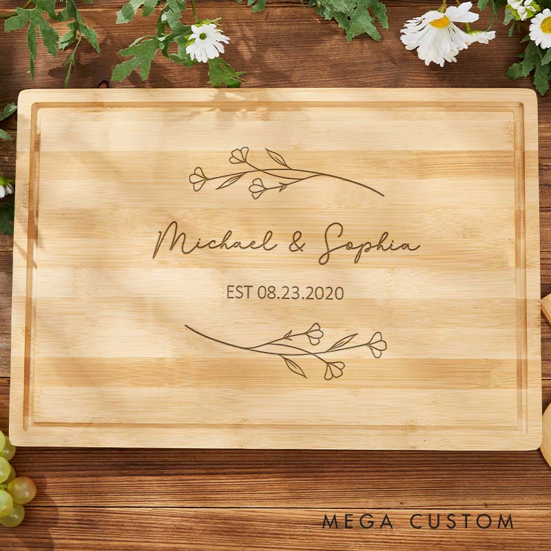 Personalized Couple Wooden Anniversary Cutting Board Husband Wife Wedding Anniversary Bamboo Cutting Board Minimalist Floral Design Cutting Board