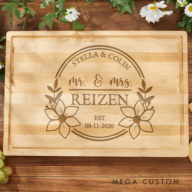 Personalized Floral Mr. and Mrs. Couple Bamboo Cutting Board Husband Wife Wooden Anniversary Cutting Board Couple Anniversary Gift for Her Him