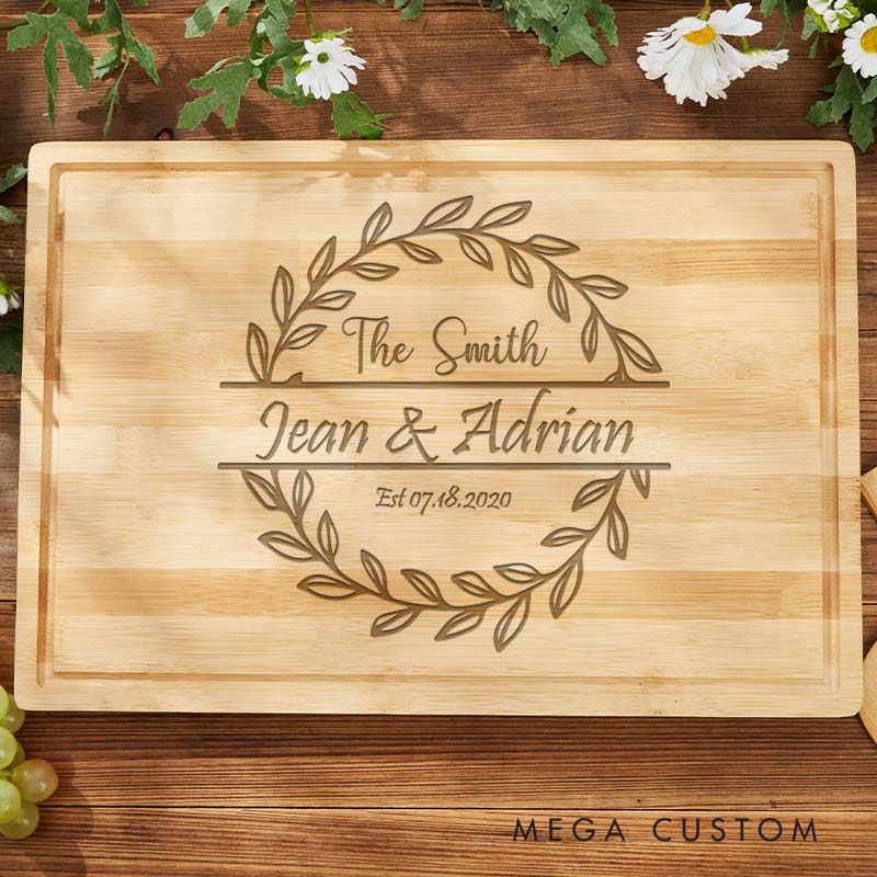 Personalized Bamboo Cutting Board Couple Wooden Anniversary Cutting Board Laurel Wreath Design Cutting Board for Husband Wife