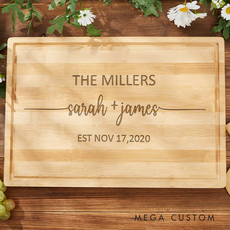 Personalized Newlyweds Anniversary Bamboo Cutting Board Couple Wooden Anniversary Cutting Board Husband Wife Modern Name Design Cutting Board