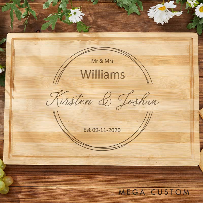 Personalized Mr. and Mrs. Bamboo Cutting Board Couple Wooden Anniversary Cutting Board Husband Wife Elegant Circle Design Cutting Board