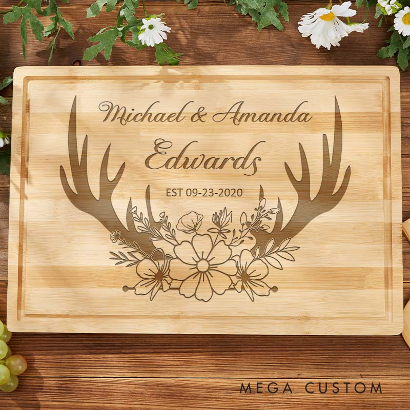 Personalized Couple 5 Years Anniversary Bamboo Cutting Board Husband Wife Wooden Anniversary Cutting Board Rustic Antler Floral Design Cutting Board