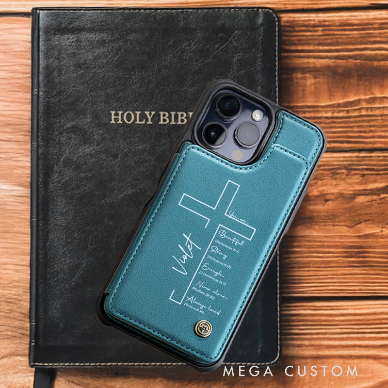Personalized Cross Bible Leather Flip Wallet Phone Case for iPhone with Name RFID Blocking Card Holder Baptism Birthday Gift for Christian