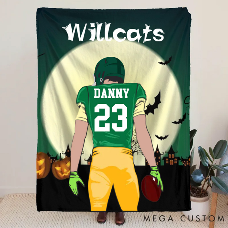 Personalized Halloween Football Spirit Blanket with Your Name and Jersey Number, Celebrate Your Star Player