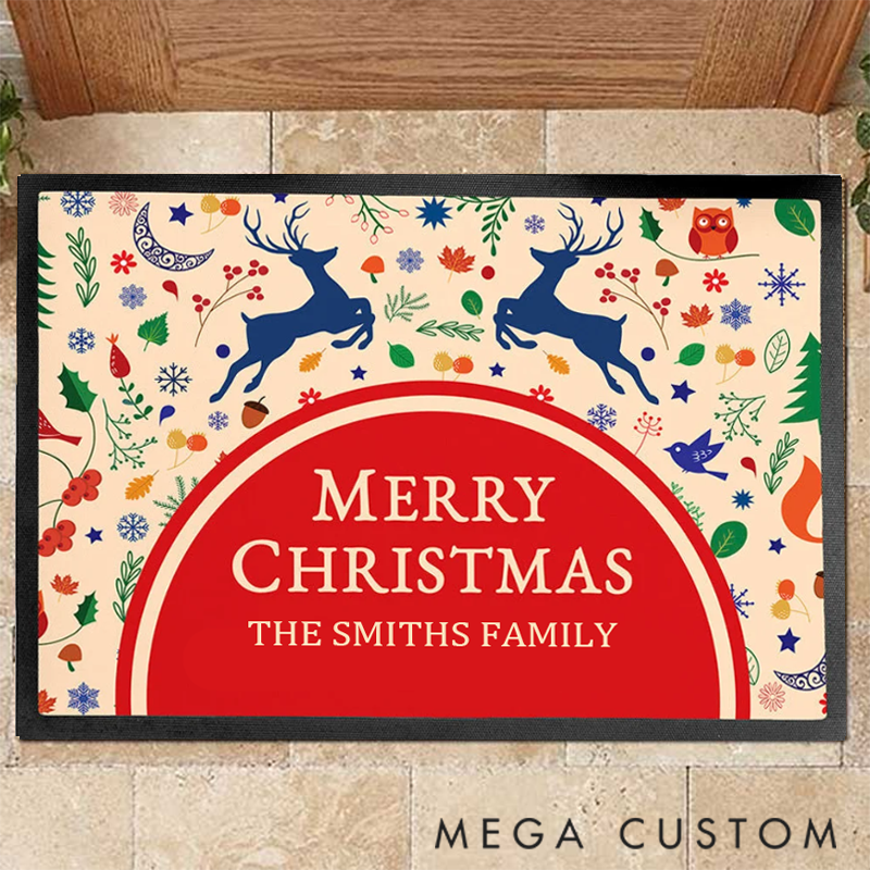 Personalized Christmas Reindeer and Ornament Mat for a Joyful and Merry Christmas Welcome Doormat