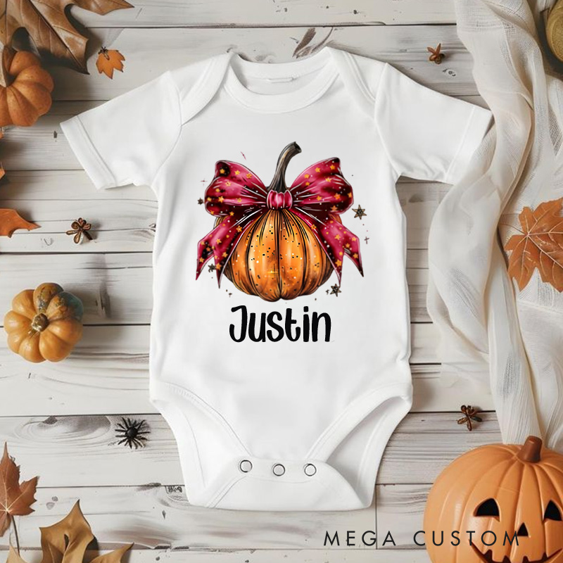 Personalized Pumpkin Bow Design Baby Bodysuit with Name Halloween Baby Shower Gift for Baby Newborn