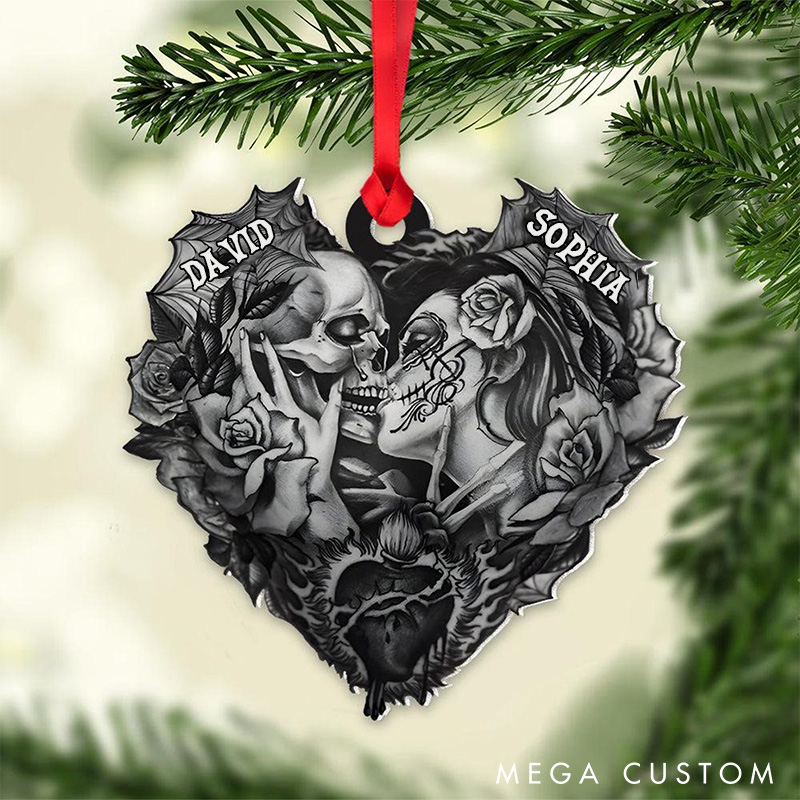 Personalized Gothic Heart Ornament Skeleton Couple Halloween Ornament Eternal Love Skeleton Kiss Ornament for Husband Wife Boyfriend Girlfriend