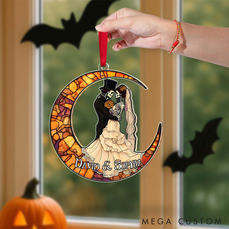 Personalized Skeleton Bride and Groom Ornament Couple Halloween Ornament Eternal Love Crescent Ornament for Husband Wife Boyfriend Girlfriend