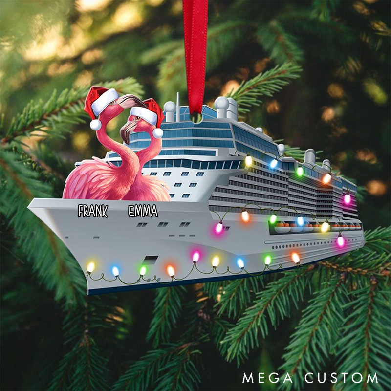 Personalized Cruise Adventure Christmas Ornament Couple Christmas Flamingo Ornament Acrylic Flat Ornament for Husband Wife Girlfriend Boyfriend