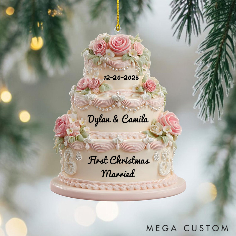 Personalized First Christmas Married Ornament Romantic Floral Wedding Cake Christmas Ornament Couple Acrylic 2D Flat Flower Cake Christmas Ornament