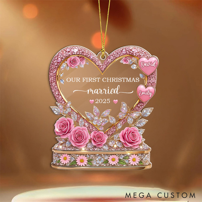 Personalized First Christmas Married Ornament Heart with Roses Christmas Ornament Couple Flowers Acrylic 2D Flat Christmas Ornament