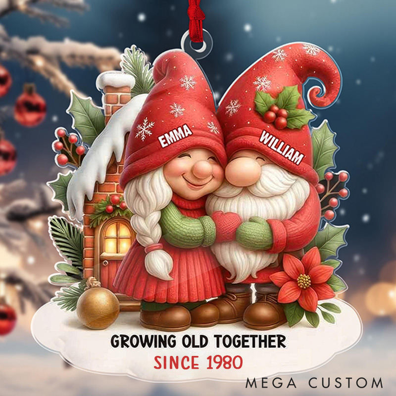 Personalized Couple Growing Old Together Ornament Adorable Gnome Couple Christmas Ornament Acrylic 2D Flat Husband Wife Xmas Ornament