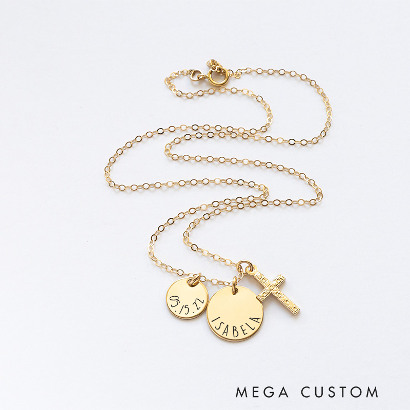 Personalized Cross Necklace with Name and Date Charms Religious Jewelry First Communion Gift for Women Believers