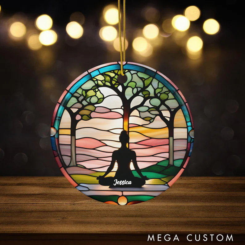 Personalized Yoga Ornament with Stained Meditating Design Yoga Namaste Ceramic Ornament for Yoga and Mindfulness Lover