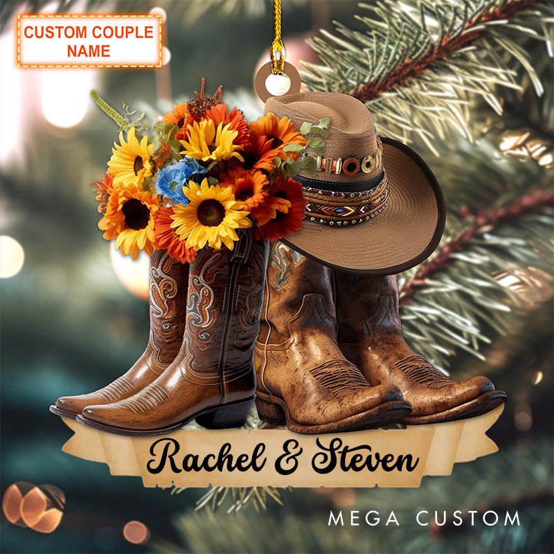 Personalized Couple Cowgirl Boots and Cowboy Hat Acrylic Christmas Ornament Newlywed Cut Out Christmas Ornaments for Husband Wife Boyfriend Girlfriend