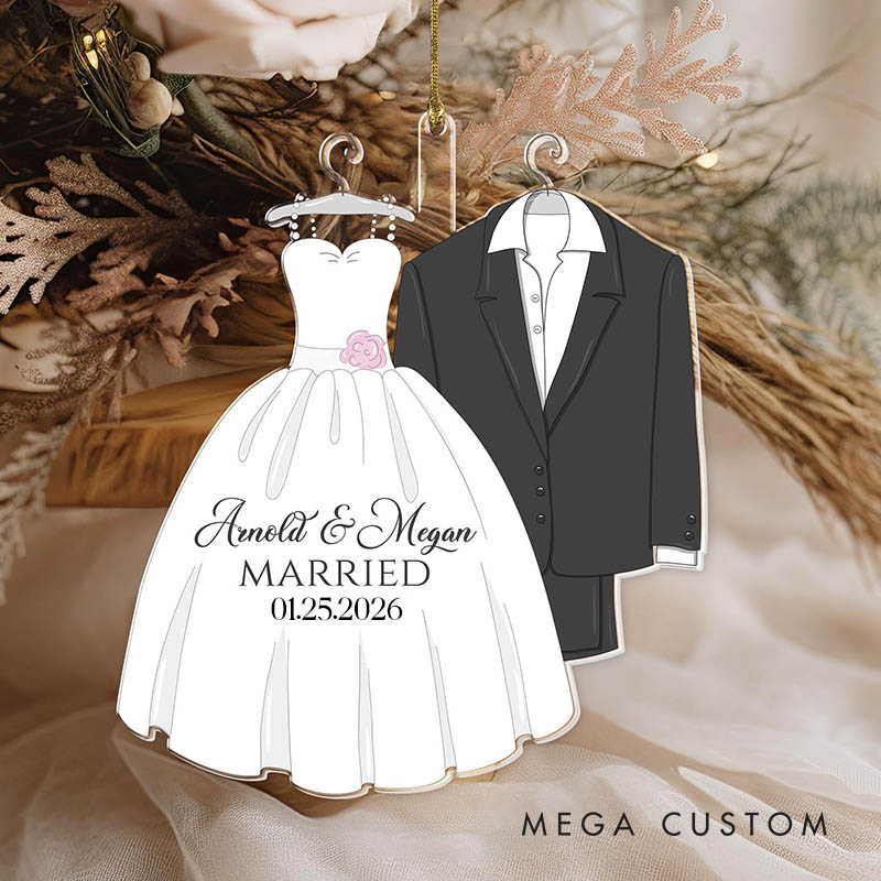 Personalized Couple Wedding Dress and Suit Acrylic Christmas Ornament with Name Newlywed Xmas Christmas Ornaments for Husband Wife Hubby Wifey