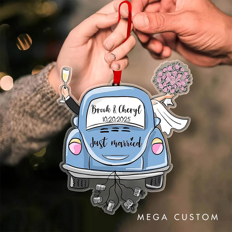 Personalized Couple Wedding Floral Car Acrylic Christmas Ornament Newlywed Just Married Xmas Christmas Ornaments for Husband Wife Hubby Wifey