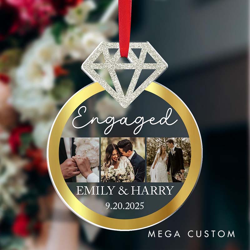Personalized Couple Engaged Diamond Ring Acrylic Custom Christmas Ornament with Photo Newlywed Name Xmas Christmas Ornaments for Husband Wife