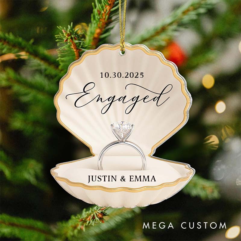 Personalized Couple Engagement Seashell Ring Box Acrylic Christmas Ornament Custom Newlywed Mr and Mrs Name Xmas Christmas Ornament for Husband Wife