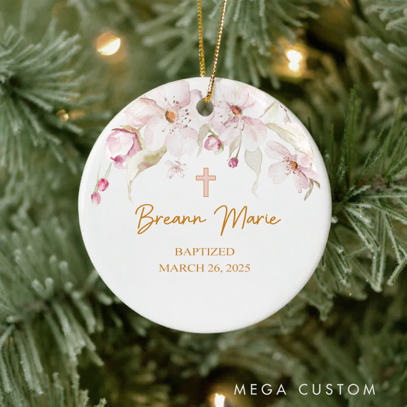 Personalized Cross Wreath Ceramic Ornament with Name Date Christening First Communion Gift for Christian Confirmation Gift