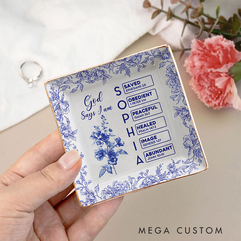 Personalized Toile De Jouy Birth Flower Bible Chapter Ceramic Square Ring Dish with Name Religious Gift for Christians