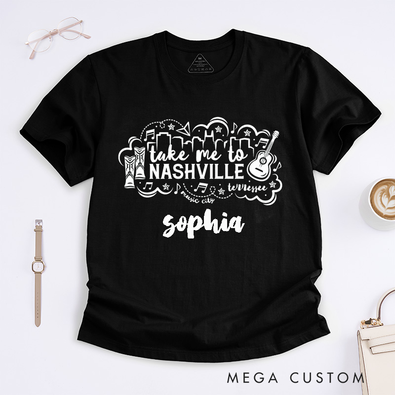 Personalized Nashville Music City Classic T-Shirts Custom Name Gift with Western Country Boots Guitar for Music Lovers Men Women Travelers Tourists