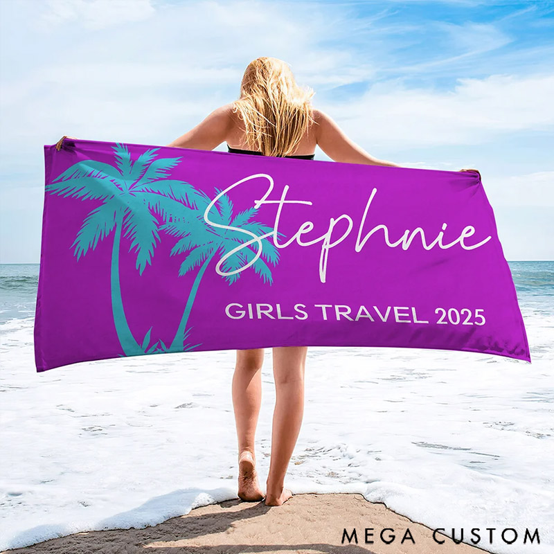 Personalized Multicolor Palm Tree Beach Towel Super Absorbent Oversized with Name and Text Gift for Traveler