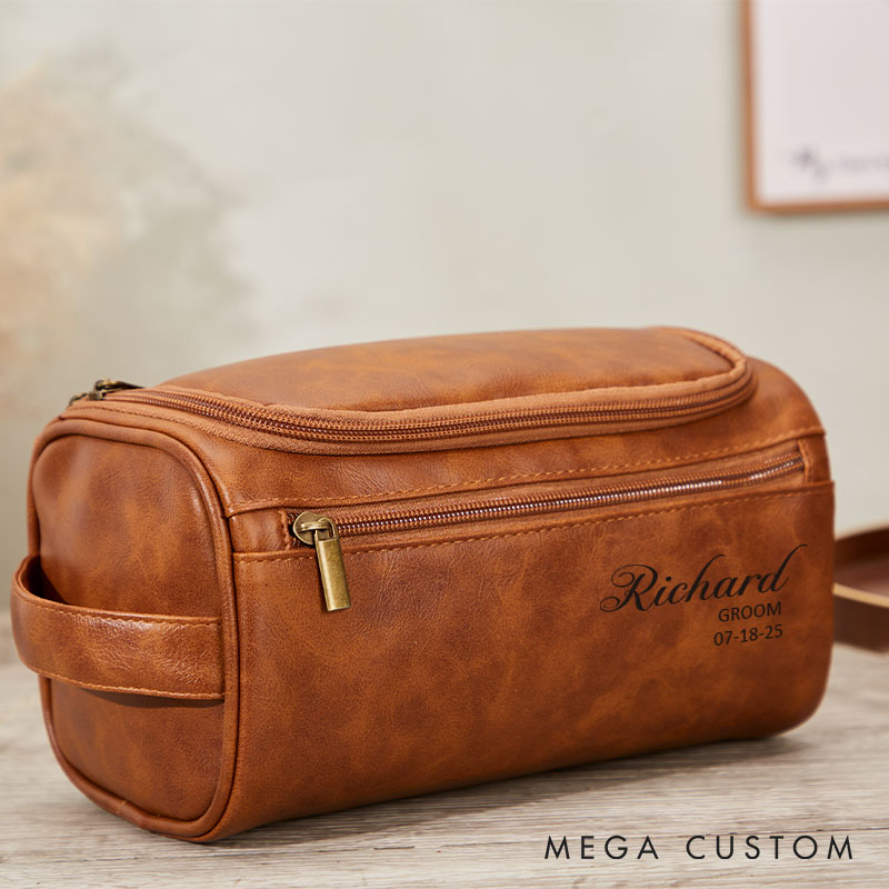 Personalized Engraved Leather Toiletry Bag for Men Groomsmen Gifts Travel Dopp Kit Groom PU Shaving Kit Bag Wedding Party Favors