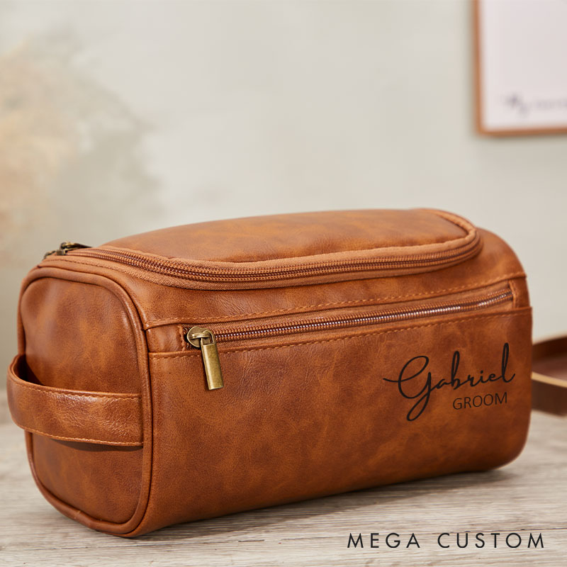 Personalized Leather Toiletry Bag for Men Minimalist Groomsmen Dopp Bag Groom PU Shaving Kit Bachelor Party Travel Bag