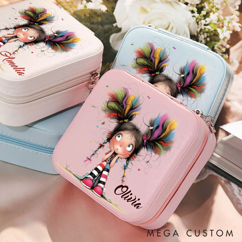 Personalized Cartoon Quirky Girl Leather Travel Jewelry Box with Name Travel Accessories Birthday Gift for Women Girls