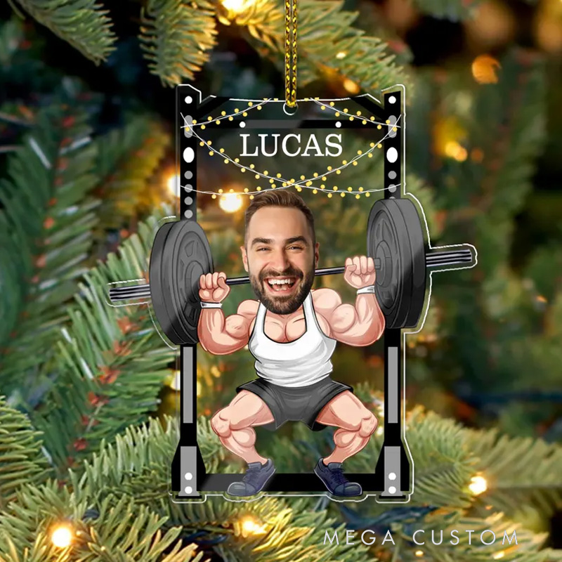 Personalized Body Builder Christmas Ornament Gift with Custom Photo for Fitness Enthusiasts Bodybuilders and Gym Lovers