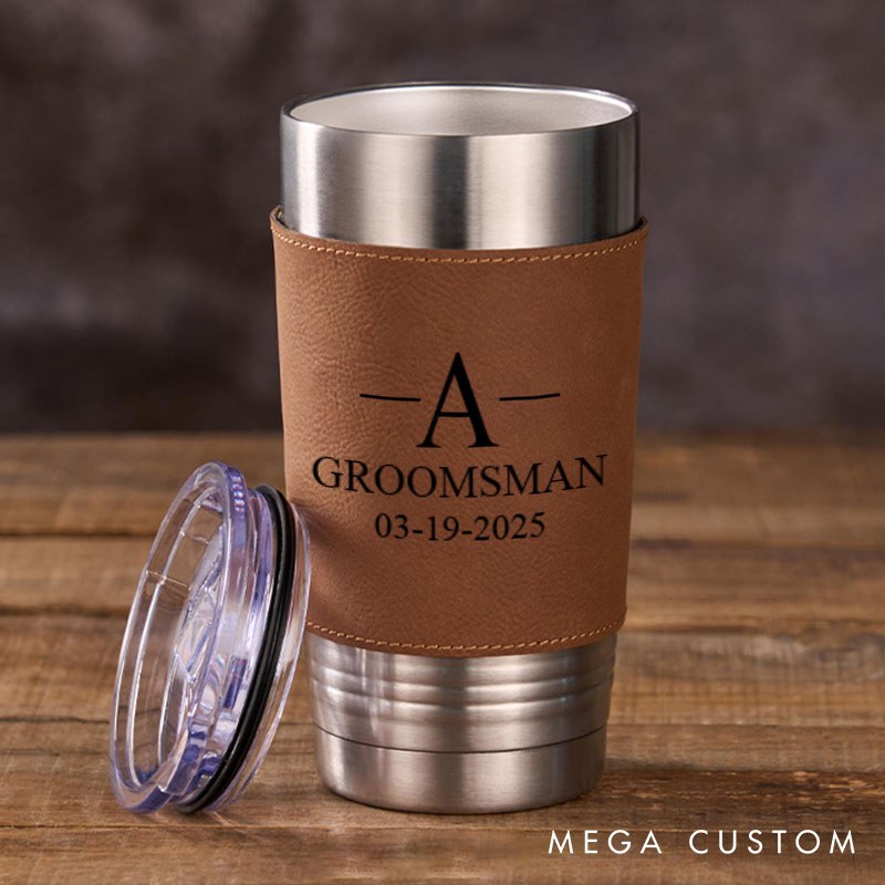 Personalized Wedding Party Tumbler Men’s 20oz Leather Tumbler Custom Groomsmen Gift Tumbler Groom Gift Best Man Bachelor Party Coffee Mugs