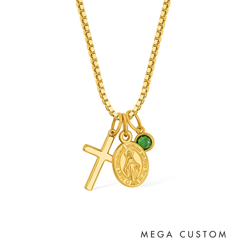 Personalized Virgin Mary Cross Necklace with Birthstone Dainty Jewelry Birthday Gift Religious Gift for Christian Women 