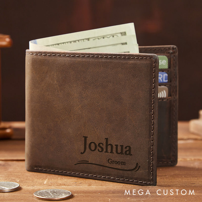 Personalized Leather Wallet Custom Wallet Gift for Groom Crazy Horse Wallet for Groomsman Men's Bachelor Party Gift Wallet for Men