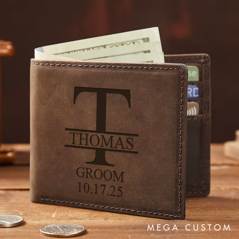 Personalized Groom Groomsman Leather Wallet Engraved Monogrammed Wallet Crazy Horse Wallet for Men Groomsman Bachelor Party Gift Wallet for Him