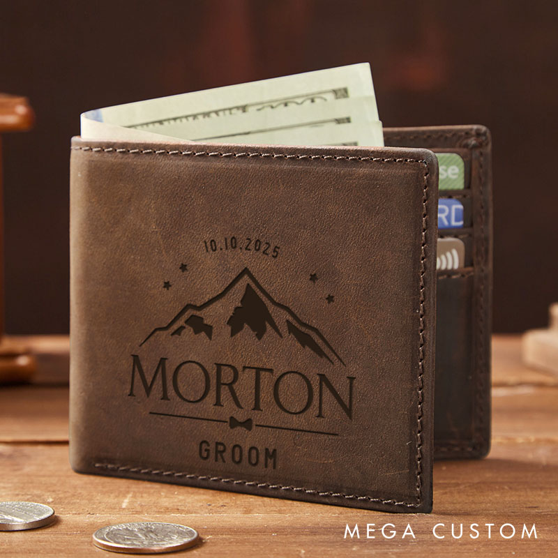 Personalized Groom Leather Wallet Groomsman Leather Wallet Engraved Crazy Horse Wallet for Men Mountain Star Design Wallet Groomsman Wedding Party Wallet