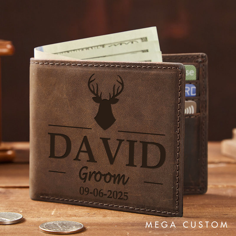 Personalized Groomsman Leather Wallet Groom Club Leather Wallet Engraved Crazy Horse Wallet for Men Antler Design Wallet Groomsman Bachelor Party Wallet