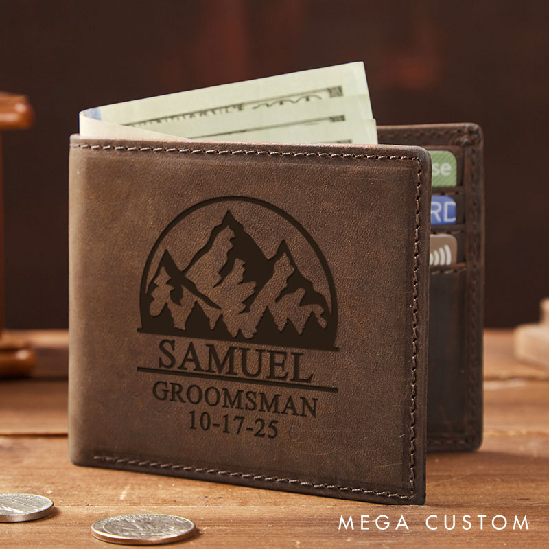 Personalized Groom Groomsman Wallet Engraved Crazy Horse Wallet Wallet for Best Man Mountain Design Wallet for Men Groomsmen Gift Groom Gift