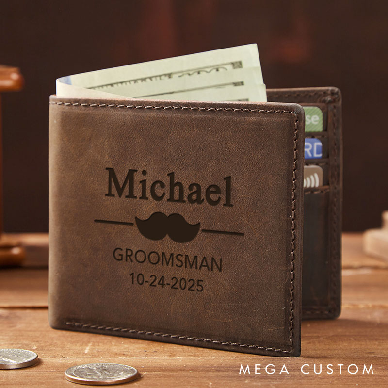 Personalized Groom Groomsman Proposal Wallet Engraved Crazy Horse Wallet for Best Man Mustache Design Wallet for Men Groomsmen Gift Groom Gift