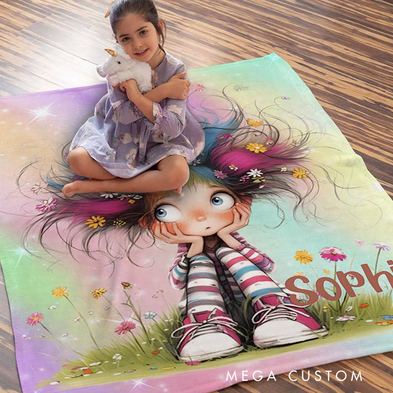 Personalized Cute Cartoon Quirky Girl Blanket With Name Magic Dream Background Girls Gift